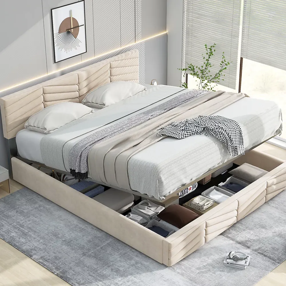 Redom Lit 140x190 cm avec tête de lit capitonnée réglable en velours beige, design intemporel classique et contemporain* Lit Avec Rangement