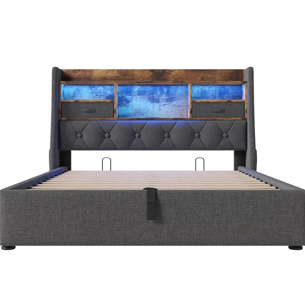 Redom Lit 140x200 cm avec tête de lit à éclairage led et rangement hydraulique, revêtement en lin gris style rétro* Lit Avec Rangement