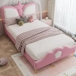 Lit 90x200 cm avec tête de lit en forme de couronne, tapissé PU rose et blanc, cadre métal et pieds dorés>Redom Clearance