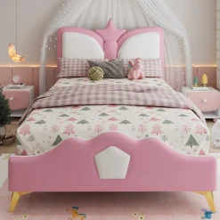 Lit 90x200 cm avec tête de lit en forme de couronne, tapissé PU rose et blanc, cadre métal et pieds dorés><noscript><img width=