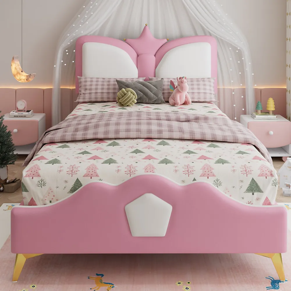 Lit 90x200 cm avec tête de lit en forme de couronne, tapissé PU rose et blanc, cadre métal et pieds dorés>Redom Clearance