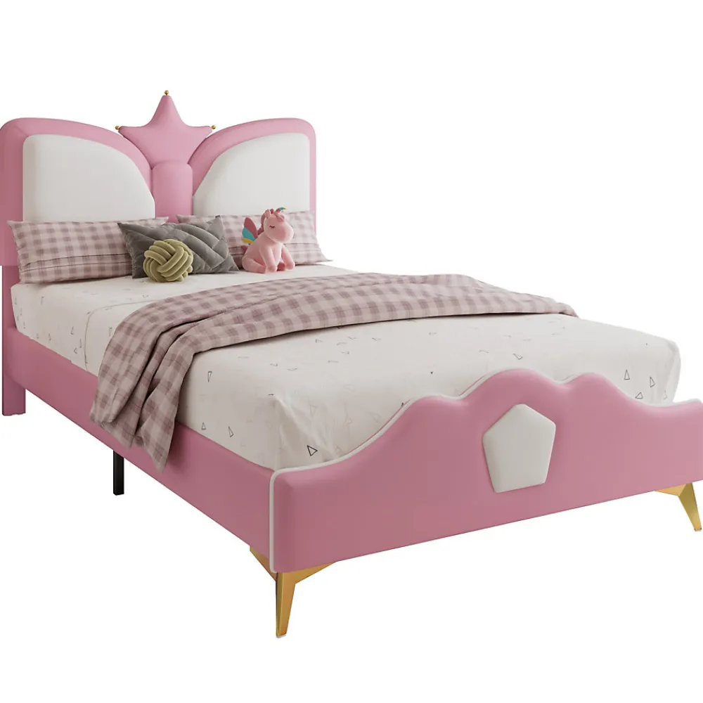 Lit 90x200 cm avec tête de lit en forme de couronne, tapissé PU rose et blanc, cadre métal et pieds dorés>Redom Clearance