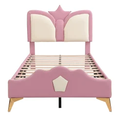 Lit 90x200 cm avec tête de lit en forme de couronne, tapissé PU rose et blanc, cadre métal et pieds dorés><noscript><img width=
