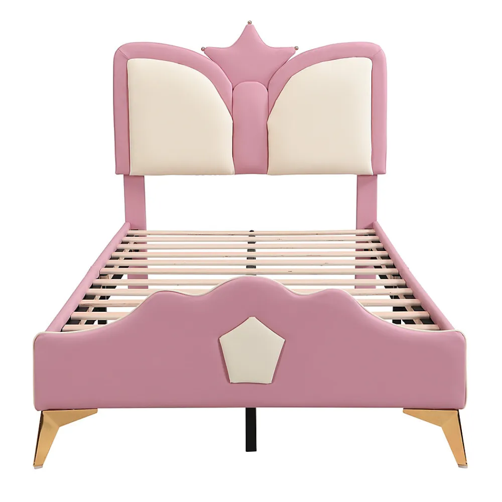 Lit 90x200 cm avec tête de lit en forme de couronne, tapissé PU rose et blanc, cadre métal et pieds dorés>Redom Clearance
