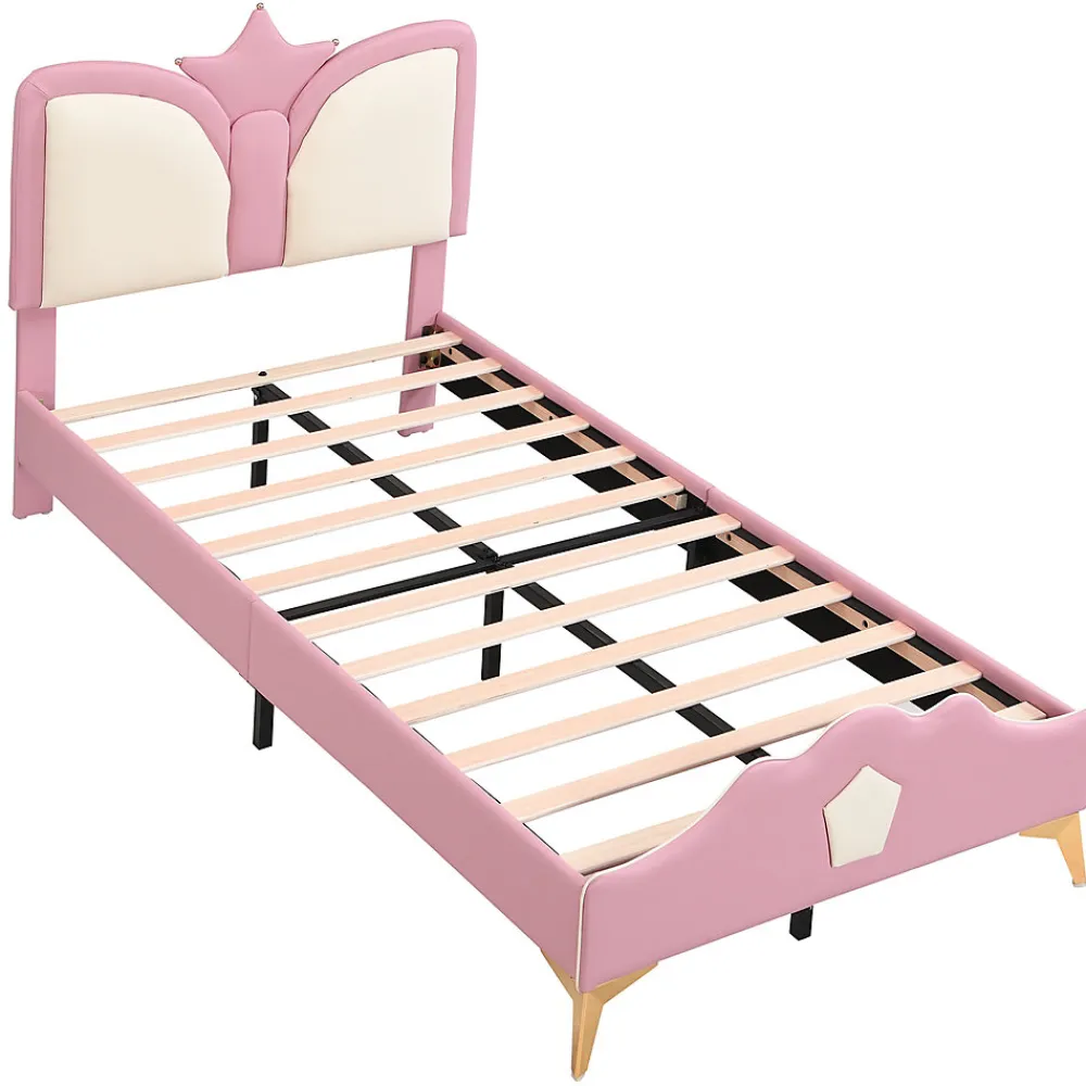 Lit 90x200 cm avec tête de lit en forme de couronne, tapissé PU rose et blanc, cadre métal et pieds dorés>Redom Clearance