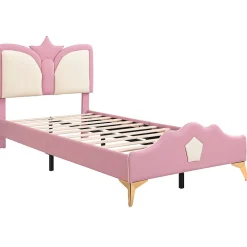 Lit 90x200 cm avec tête de lit en forme de couronne, tapissé PU rose et blanc, cadre métal et pieds dorés><noscript><img width=