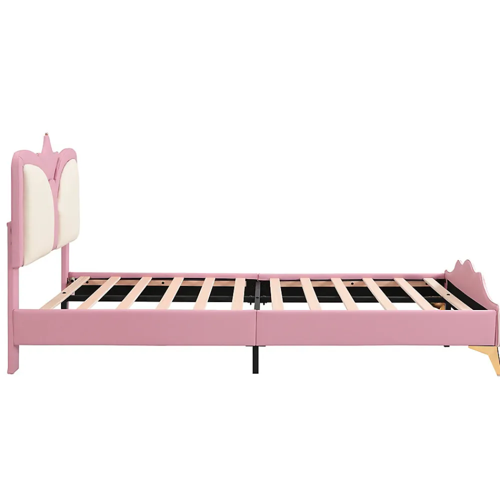 Lit 90x200 cm avec tête de lit en forme de couronne, tapissé PU rose et blanc, cadre métal et pieds dorés>Redom Clearance