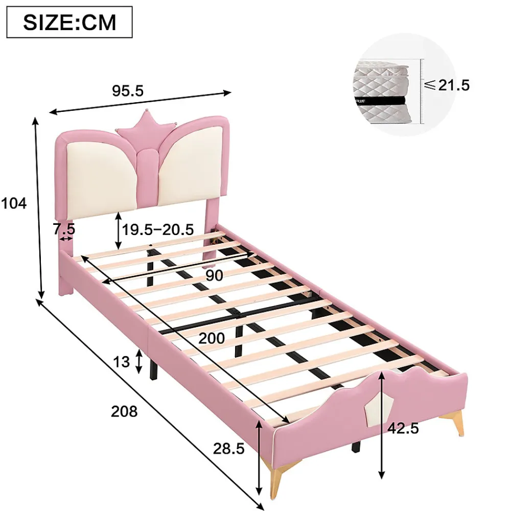 Lit 90x200 cm avec tête de lit en forme de couronne, tapissé PU rose et blanc, cadre métal et pieds dorés>Redom Clearance
