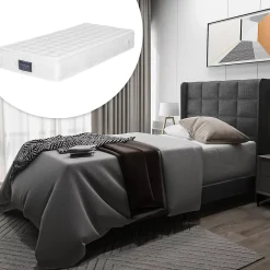 Redom Lit 90x200 cm avec tête de lit rembourrée en lin gris, sommier à lattes inclus et pieds noirs, design sobre* Lit Simple