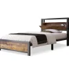 Lit 90x200 cm avec tête de rangement et espace sous-lit 26,5 cm, cadre métal et panneau bois naturel>Redom Hot