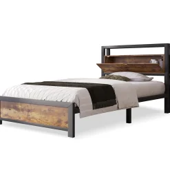 Lit 90x200 cm avec tête de rangement et espace sous-lit 26,5 cm, cadre métal et panneau bois naturel>Redom Hot