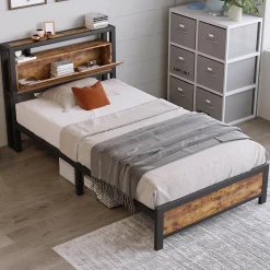 Lit 90x200 cm avec tête de rangement et espace sous-lit 26,5 cm, cadre métal et panneau bois naturel><noscript><img width=