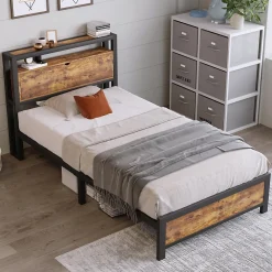 Lit 90x200 cm avec tête de rangement et espace sous-lit 26,5 cm, cadre métal et panneau bois naturel><noscript><img width=