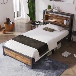 Lit 90x200 cm avec tête de rangement et espace sous-lit 26,5 cm, cadre métal et panneau bois naturel><noscript><img width=