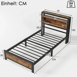 Lit 90x200 cm avec tête de rangement et espace sous-lit 26,5 cm, cadre métal et panneau bois naturel><noscript><img width=