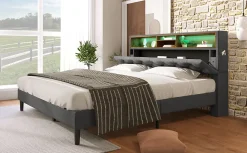 Redom Lit 140x200 cm avec tête de rangement et bande LED, cadre bois massif tapissé lin gris, rangements intégrés* Ensemble Sommier Et Matelas