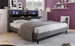 Redom Lit 140x200 cm avec tête de rangement et bande LED, cadre bois massif tapissé lin gris, rangements intégrés* Ensemble Sommier Et Matelas