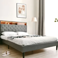Redom Lit 140x200 cm avec tête de rangement et bande LED, cadre bois massif tapissé lin gris, rangements intégrés* Ensemble Sommier Et Matelas