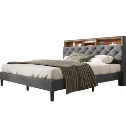 Redom Lit 140x200 cm avec tête de rangement et bande LED, cadre bois massif tapissé lin gris, rangements intégrés* Ensemble Sommier Et Matelas