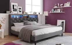 Redom Lit 140x200 cm avec tête de rangement et bande LED, cadre bois massif tapissé lin gris, rangements intégrés* Ensemble Sommier Et Matelas