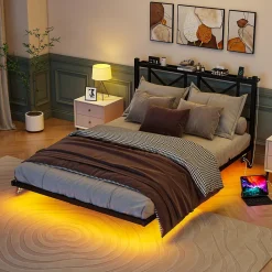 Lit 140x200 cm avec tête de rangement, effet flottant et éclairage LED intégré, cadre métal noir moderne>Redom Outlet