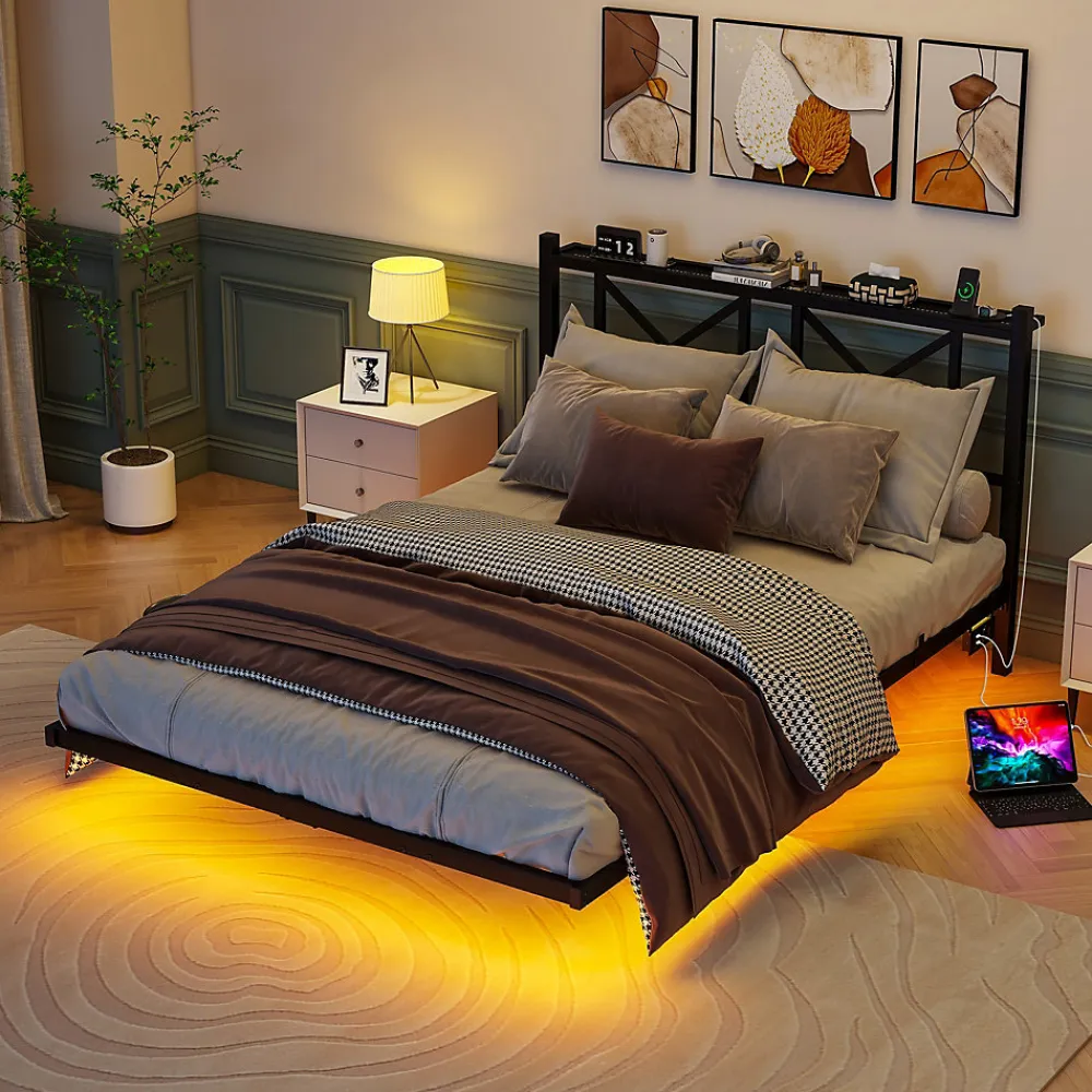 Lit 140x200 cm avec tête de rangement, effet flottant et éclairage LED intégré, cadre métal noir moderne>Redom Outlet