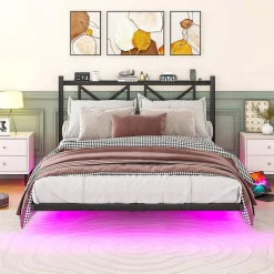 Lit 140x200 cm avec tête de rangement, effet flottant et éclairage LED intégré, cadre métal noir moderne>Redom Outlet
