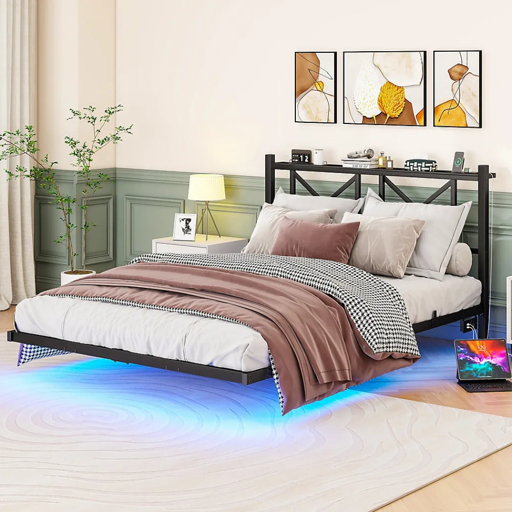 Lit 140x200 cm avec tête de rangement, effet flottant et éclairage LED intégré, cadre métal noir moderne>Redom Outlet