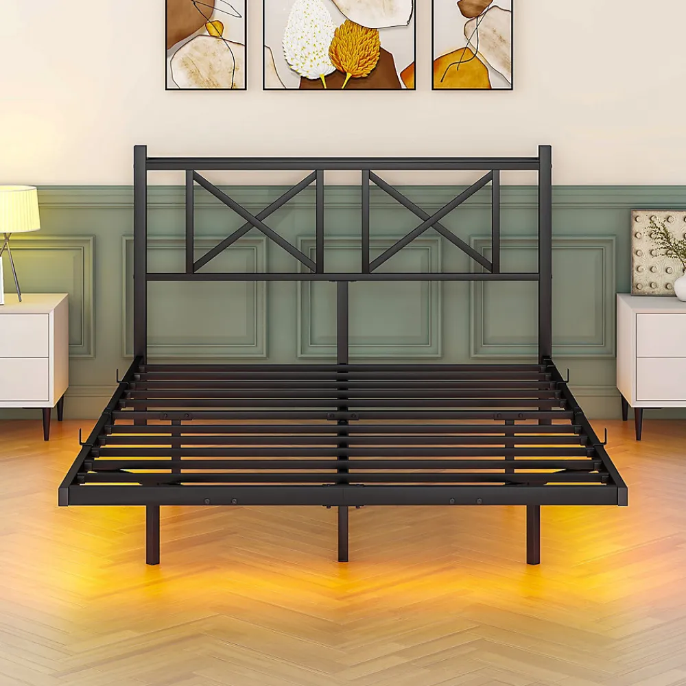 Lit 140x200 cm avec tête de rangement, effet flottant et éclairage LED intégré, cadre métal noir moderne>Redom Outlet