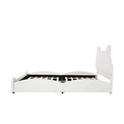 Redom Lit 140x200 cm avec tête d'ours tapissée velours blanc, cadre bois et métal pour chambre d'enfant* Lit Double