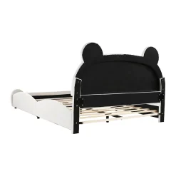Redom Lit 140x200 cm avec tête d'ours tapissée velours blanc, cadre bois et métal pour chambre d'enfant* Lit Double