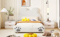 Redom Lit 140x200 cm avec tête d'ours tapissée velours blanc, cadre bois et métal pour chambre d'enfant* Lit Double
