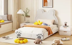 Redom Lit 140x200 cm avec tête d'ours tapissée velours blanc, cadre bois et métal pour chambre d'enfant* Lit Double