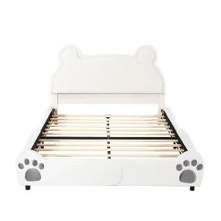 Redom Lit 140x200 cm avec tête d'ours tapissée velours blanc, cadre bois et métal pour chambre d'enfant* Lit Double