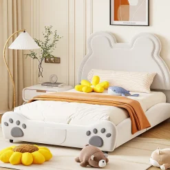 Redom Lit 140x200 cm avec tête d'ours tapissée velours blanc, cadre bois et métal pour chambre d'enfant* Lit Double