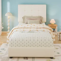Lit 90x200 cm avec tête en forme de biscuit beige, cadre PU et métal, dossier rembourré et bords mousse>Redom