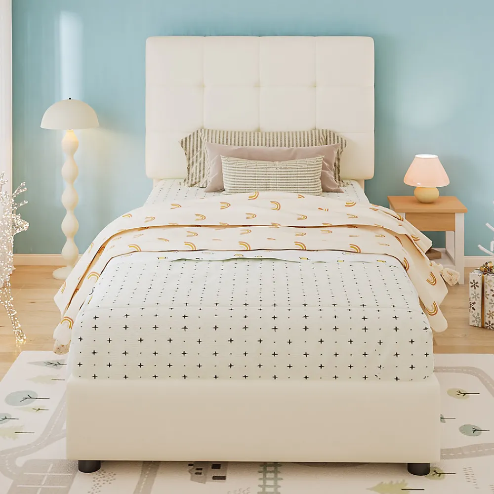 Lit 90x200 cm avec tête en forme de biscuit beige, cadre PU et métal, dossier rembourré et bords mousse>Redom