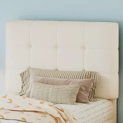 Lit 90x200 cm avec tête en forme de biscuit beige, cadre PU et métal, dossier rembourré et bords mousse><noscript><img width=