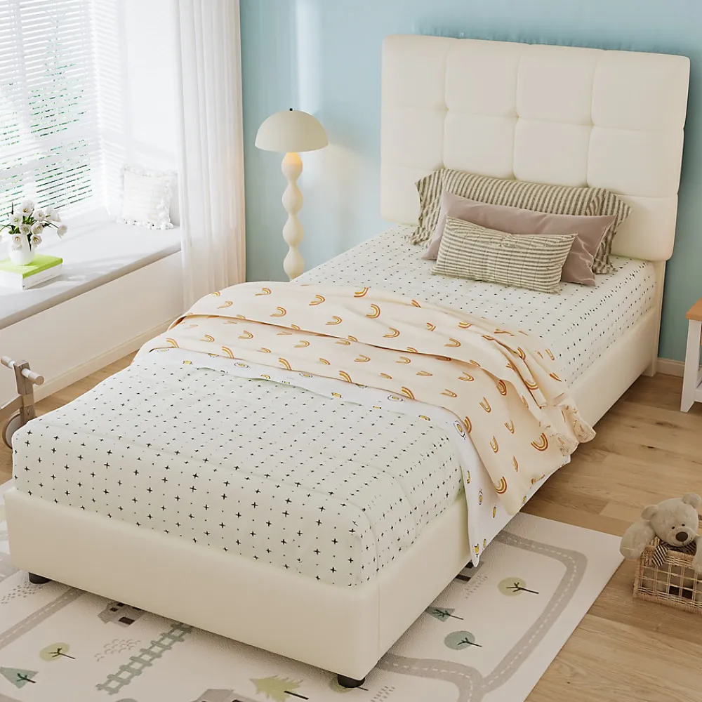 Lit 90x200 cm avec tête en forme de biscuit beige, cadre PU et métal, dossier rembourré et bords mousse>Redom