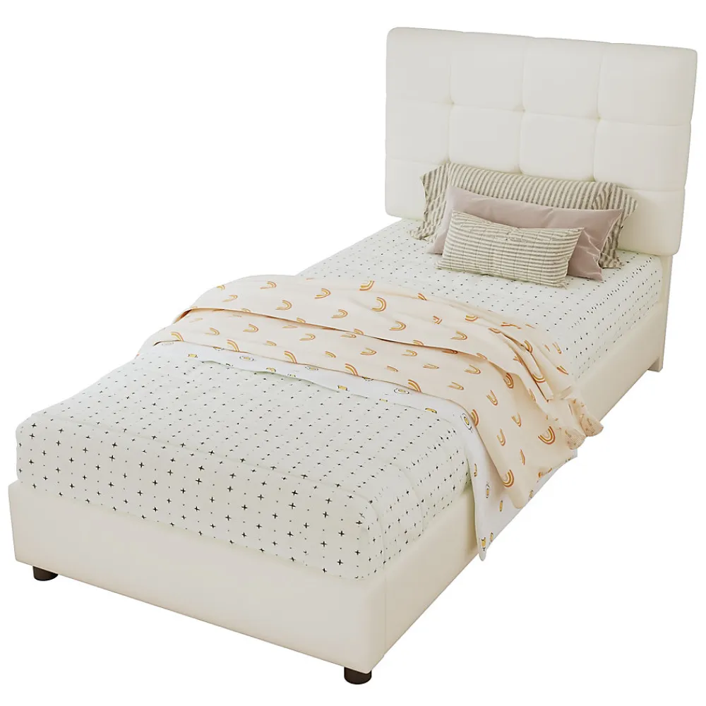 Lit 90x200 cm avec tête en forme de biscuit beige, cadre PU et métal, dossier rembourré et bords mousse>Redom