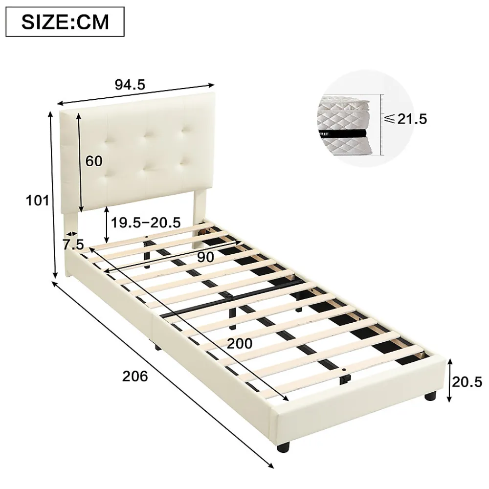 Lit 90x200 cm avec tête en forme de biscuit beige, cadre PU et métal, dossier rembourré et bords mousse>Redom