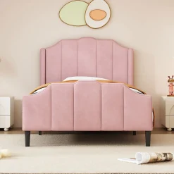 Lit 90x200 cm avec tête et pied rembourrés en velours rose, cadre MDF solide et 12 lattes renforcées>Redom Hot