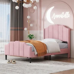 Lit 90x200 cm avec tête et pied rembourrés en velours rose, cadre MDF solide et 12 lattes renforcées>Redom Hot