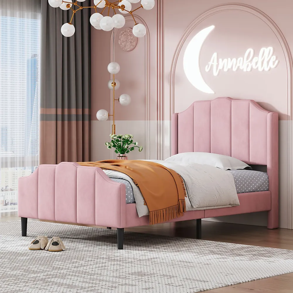 Lit 90x200 cm avec tête et pied rembourrés en velours rose, cadre MDF solide et 12 lattes renforcées>Redom Hot
