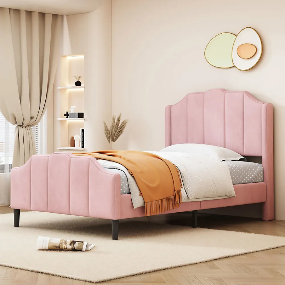 Lit 90x200 cm avec tête et pied rembourrés en velours rose, cadre MDF solide et 12 lattes renforcées>Redom Hot