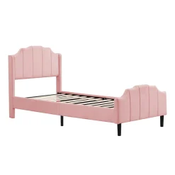 Lit 90x200 cm avec tête et pied rembourrés en velours rose, cadre MDF solide et 12 lattes renforcées><noscript><img width=