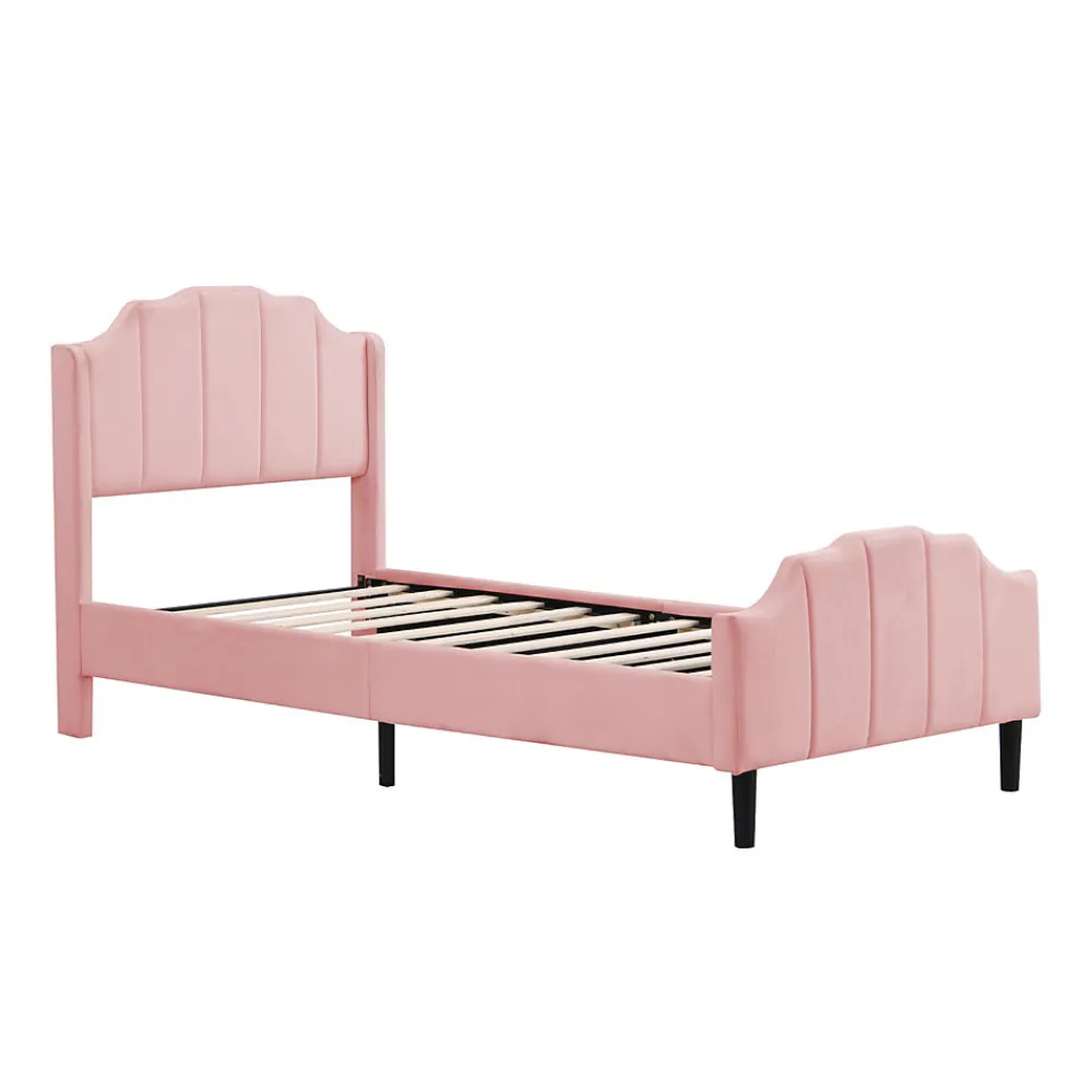 Lit 90x200 cm avec tête et pied rembourrés en velours rose, cadre MDF solide et 12 lattes renforcées>Redom Hot