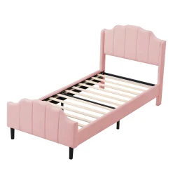 Lit 90x200 cm avec tête et pied rembourrés en velours rose, cadre MDF solide et 12 lattes renforcées><noscript><img width=