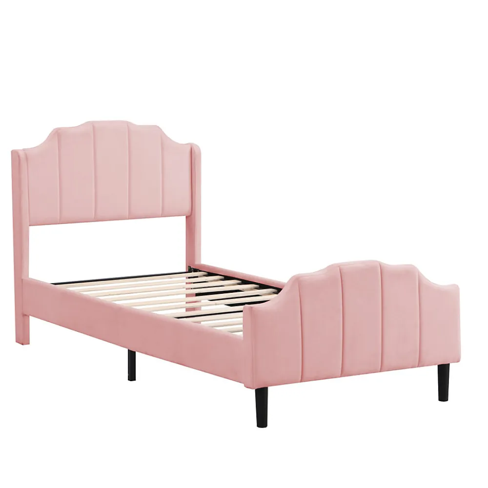 Lit 90x200 cm avec tête et pied rembourrés en velours rose, cadre MDF solide et 12 lattes renforcées>Redom Hot