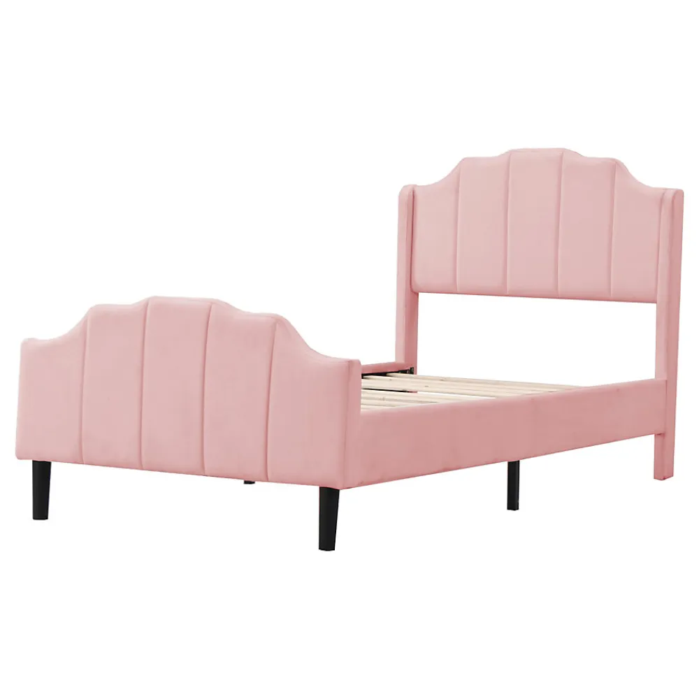 Lit 90x200 cm avec tête et pied rembourrés en velours rose, cadre MDF solide et 12 lattes renforcées>Redom Hot